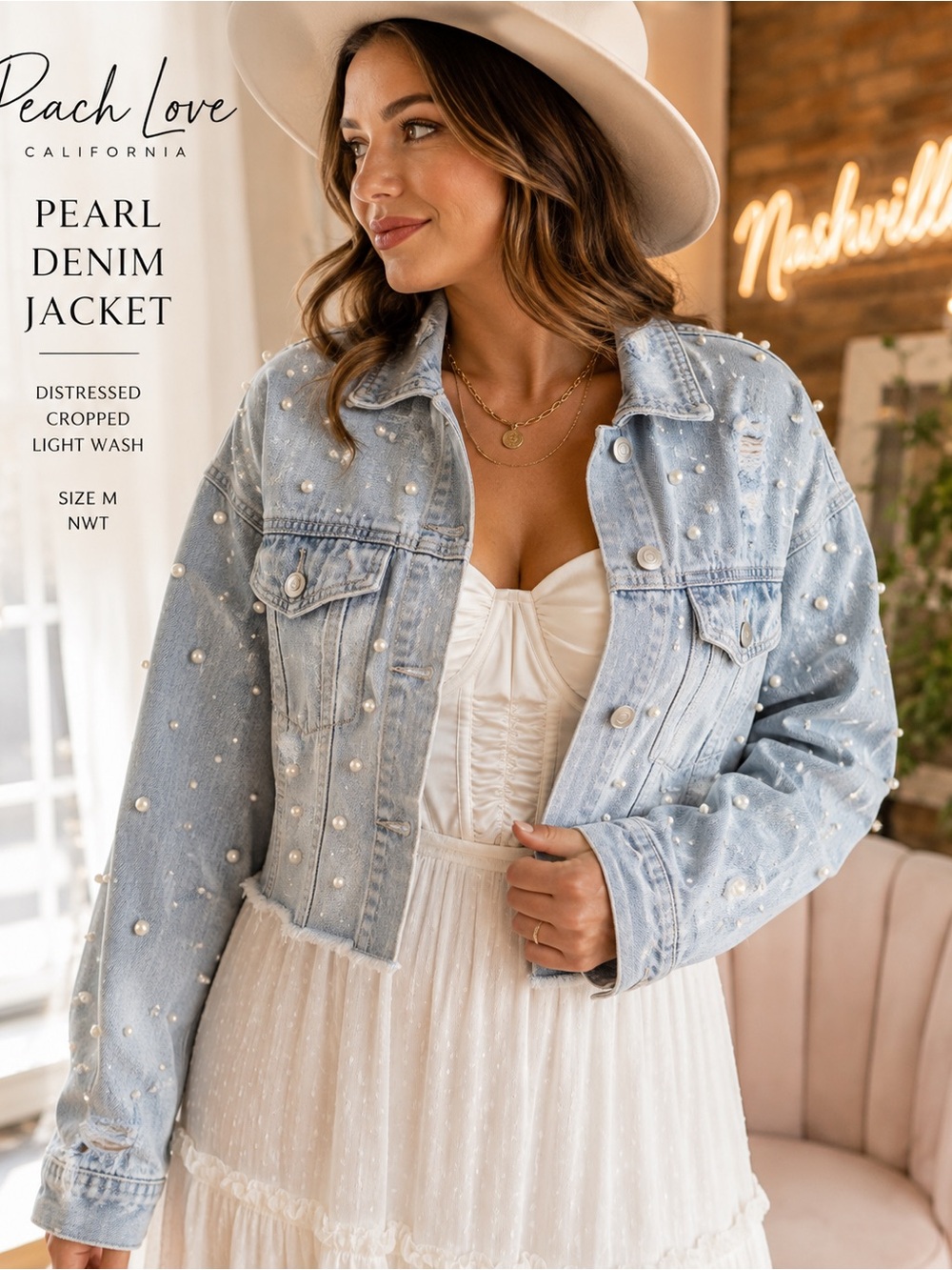 Peach Love California Everly Pearl Denim Jacket M Distressed Cropped Light Was